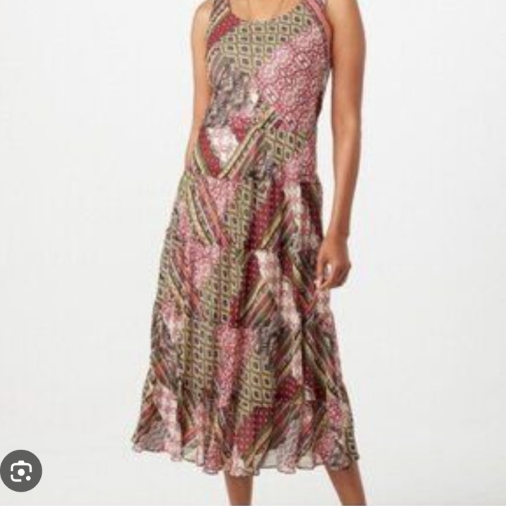 Jones Studio Pink and Brown mixed pachwork unique midi length dress